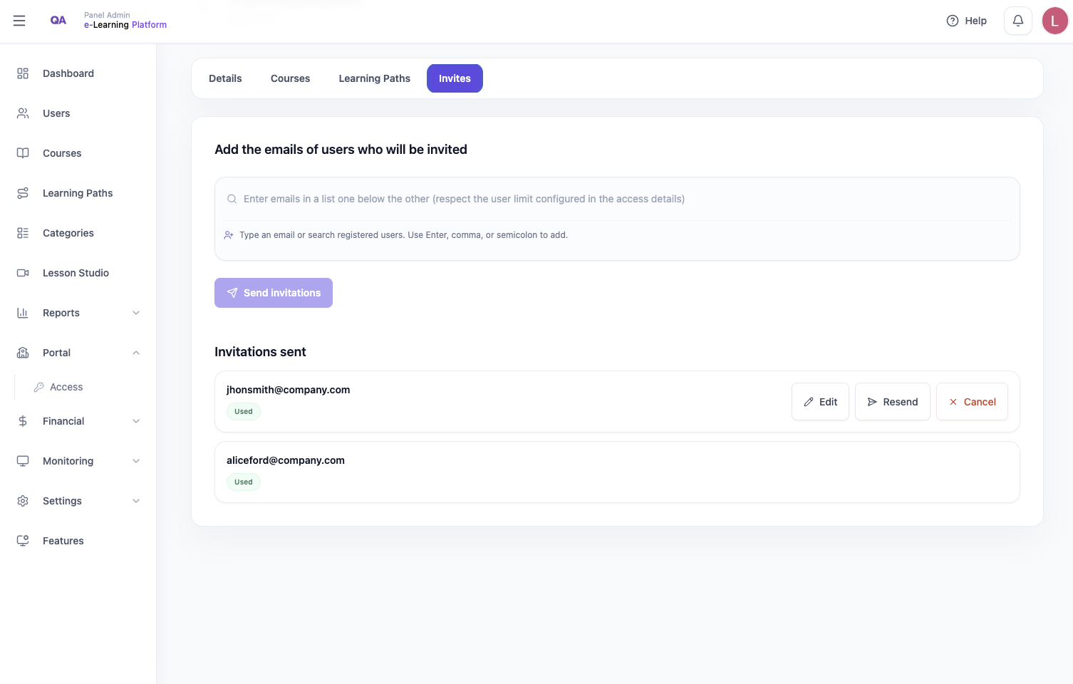 Corporate invites and access screen