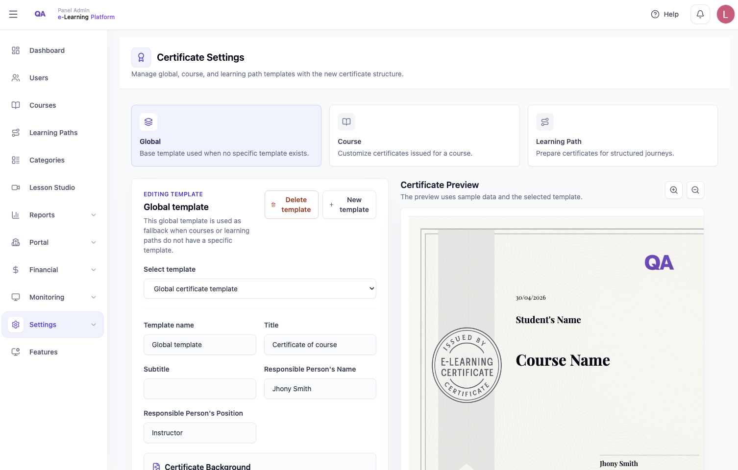 Certificate issued by the LMS portal with public validation