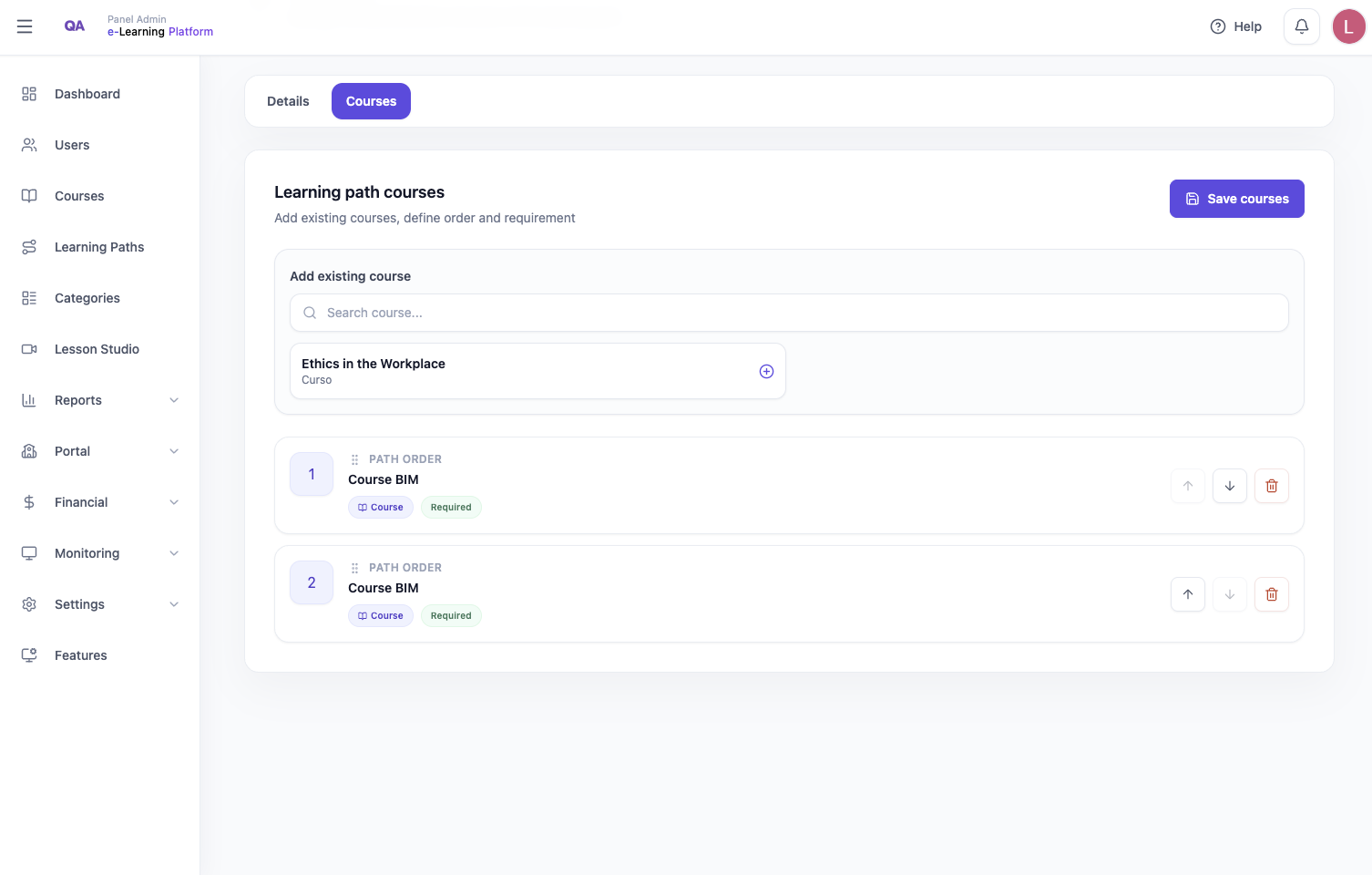 Learning paths organized in the LMS portal