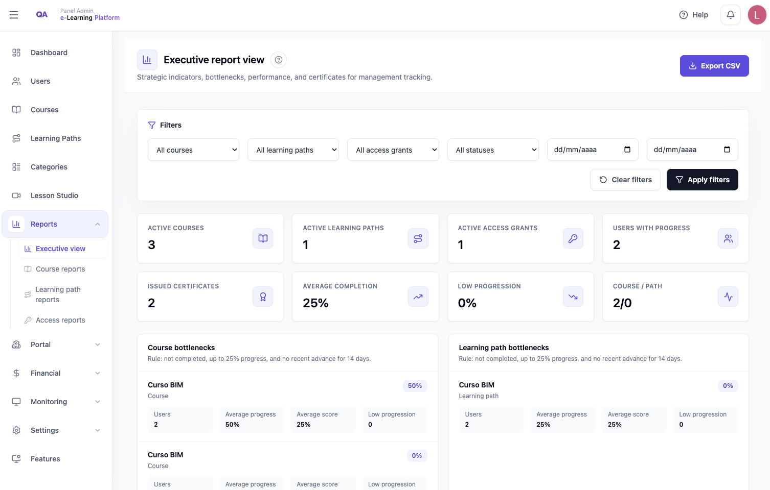 Reports screen with filters, indicators, and learning progress