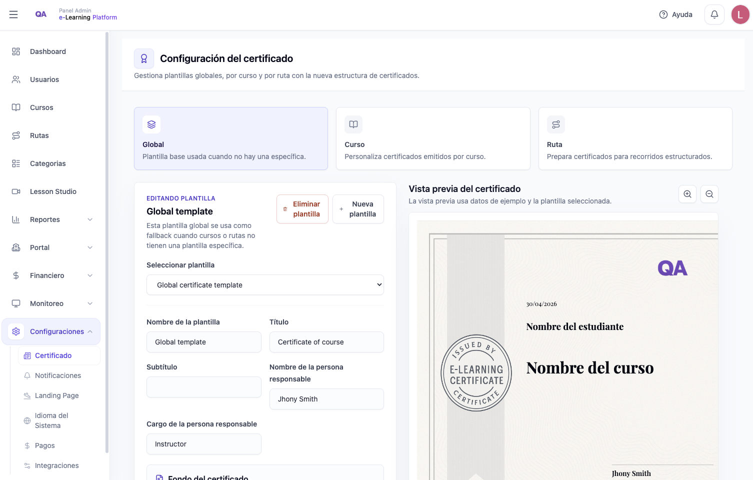 Certificado emitido por el portal LMS con validación pública