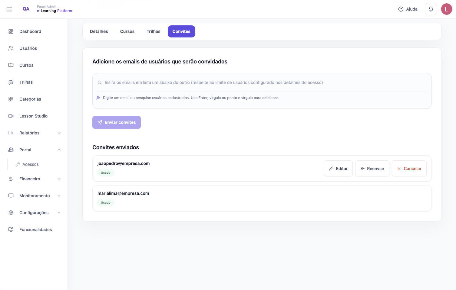 Tela de convites e acessos corporativos