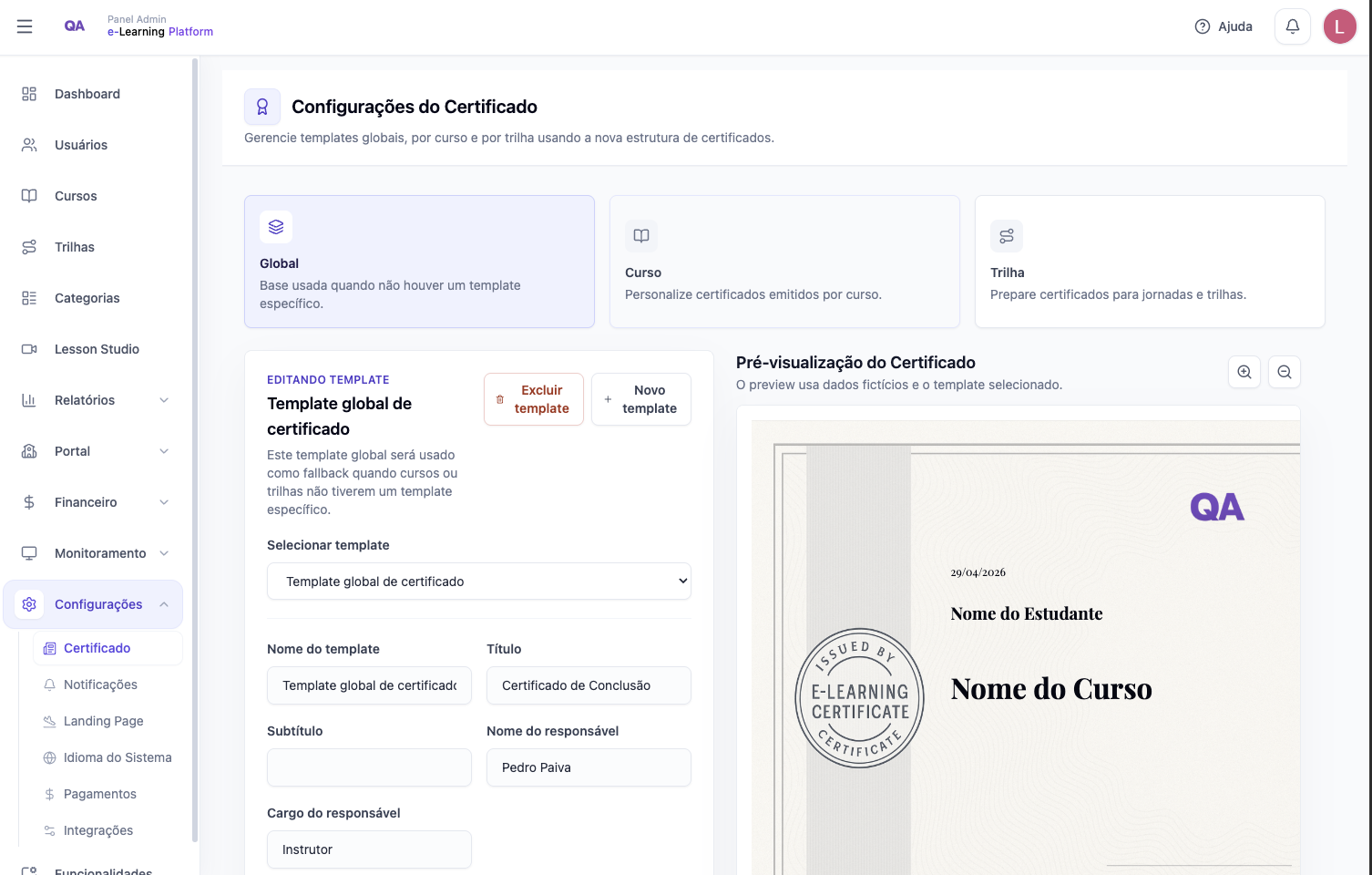 Certificado emitido pelo portal LMS com validação pública